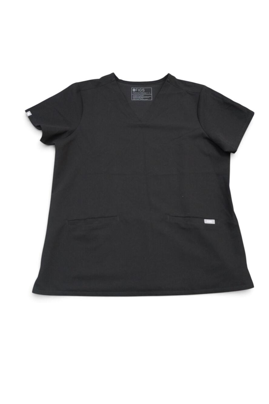 FIGS Shirt Womens Large Black Casma Scrub Top V Neck 2 Pockets Stretch Technical